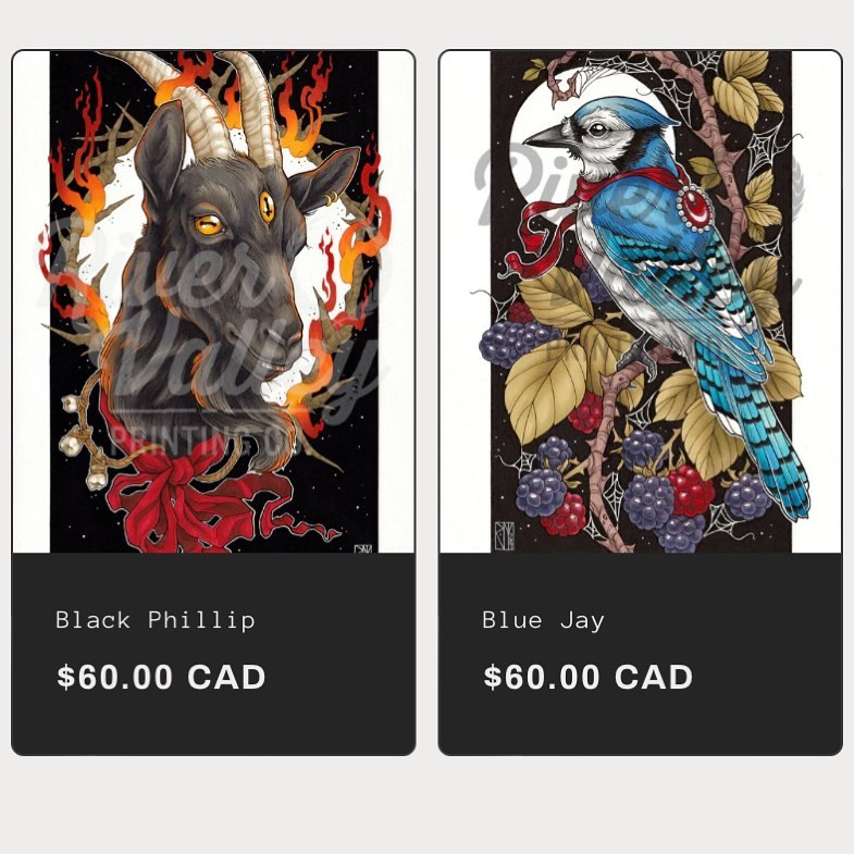 Two tattoo designs priced at $60 CAD each: a black horned creature with flames and a blue jay with berries and leaves on dark backgrounds.