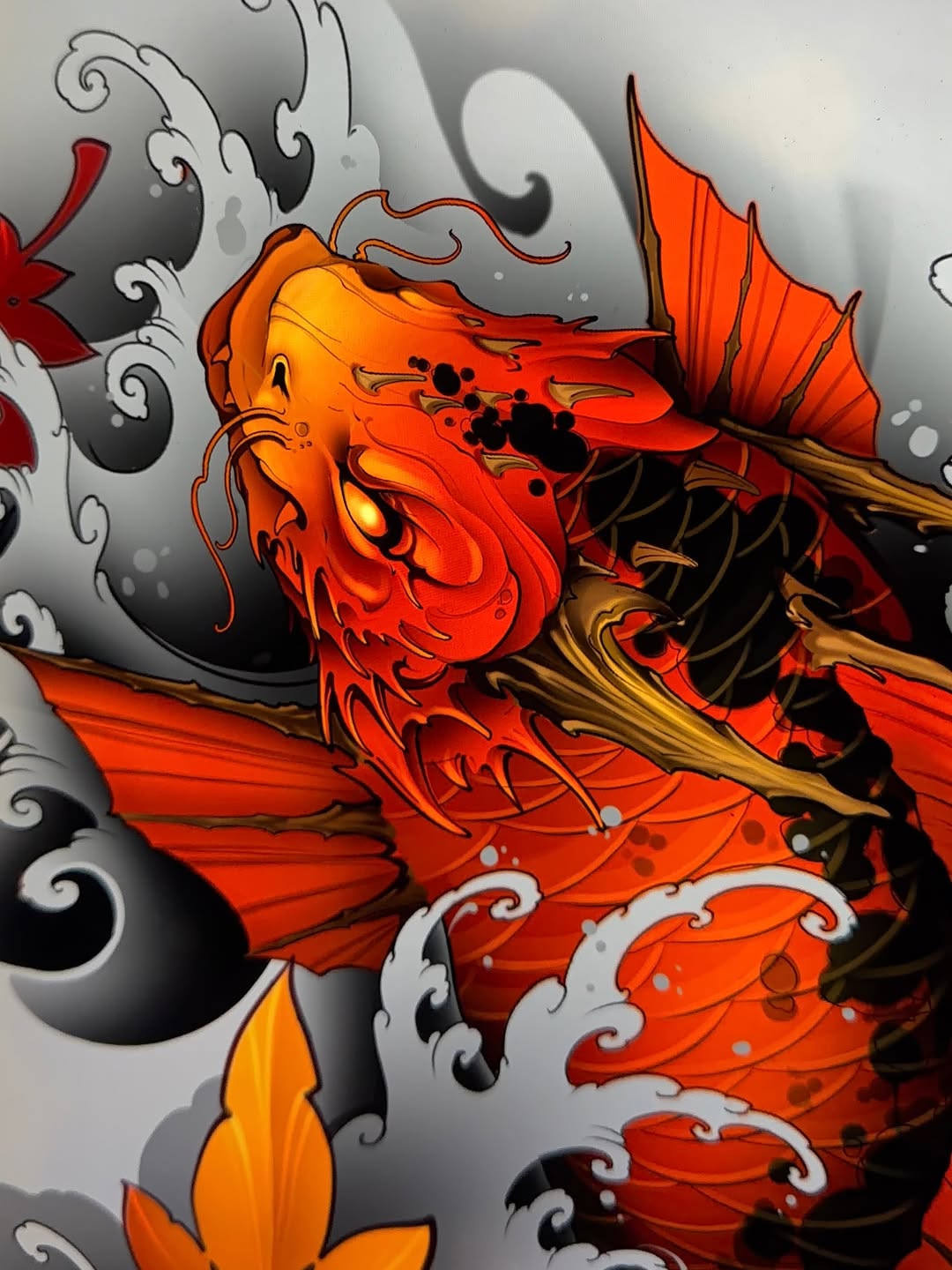 Vibrant orange and red koi fish with flowing fins and scales, accented with black details and ornamental white swirls against a grey background.