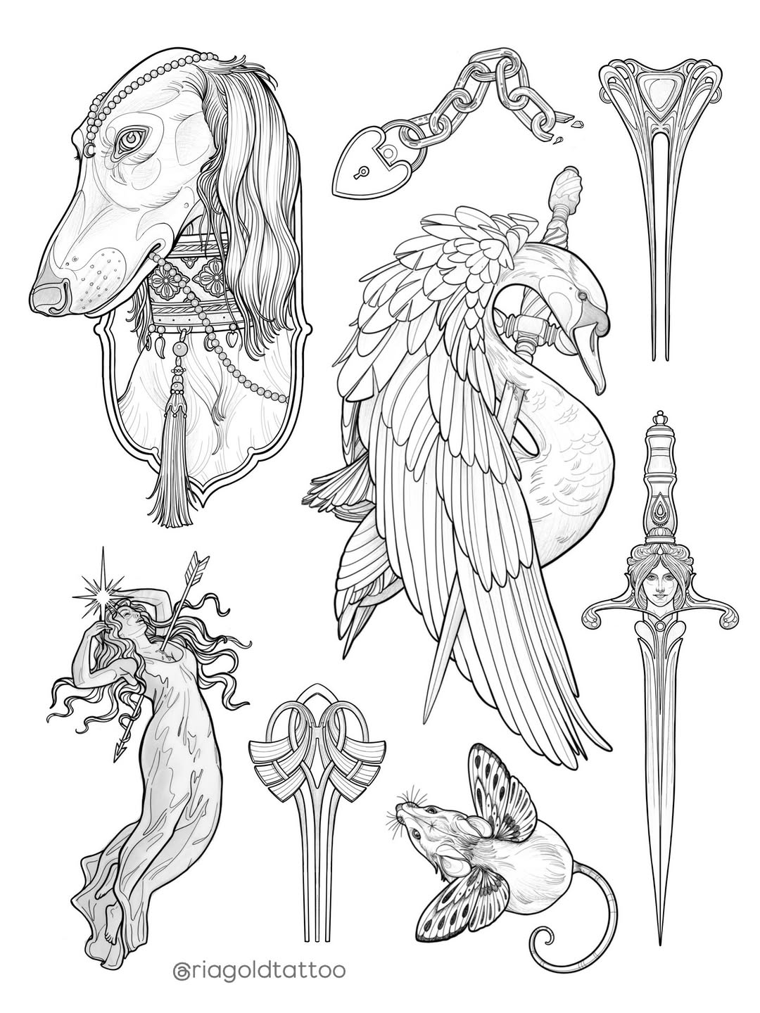 Line art tattoo design sheet featuring an ornate dog head, winged figure, sword, chain pendant, fairy, shield, staff, and small mouse with wings in black ink.