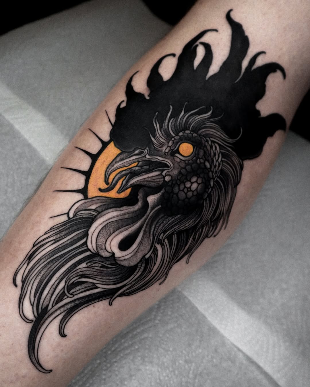Detailed bird head tattoo with black ink, orange eye and sun element, long flowing feathers extending down the forearm, on pale skin.