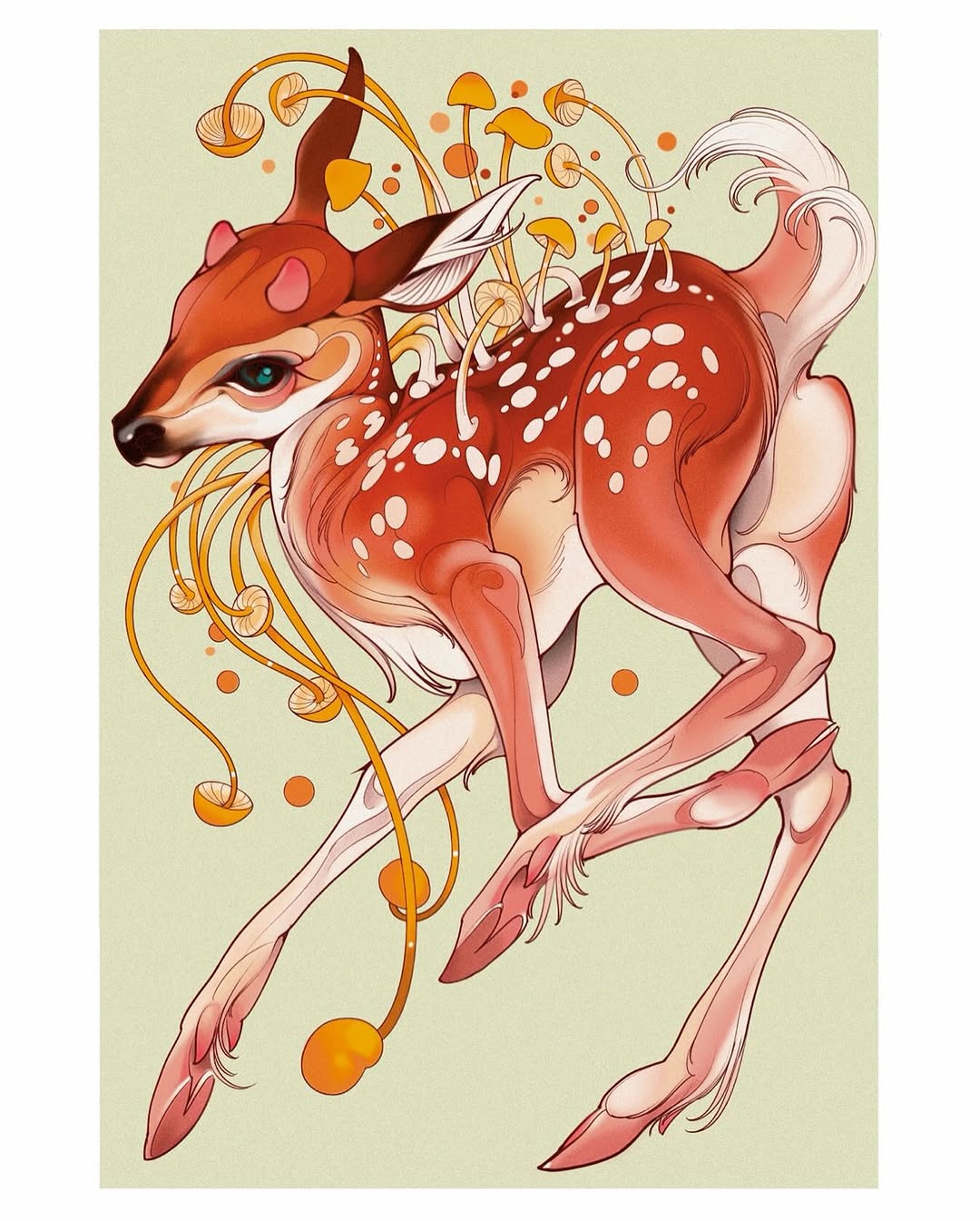 Stylized deer with white-spotted red body, orange flowing mane and tail, mushrooms sprouting from back, and orange botanical vines, rendered in warm earth tones.
