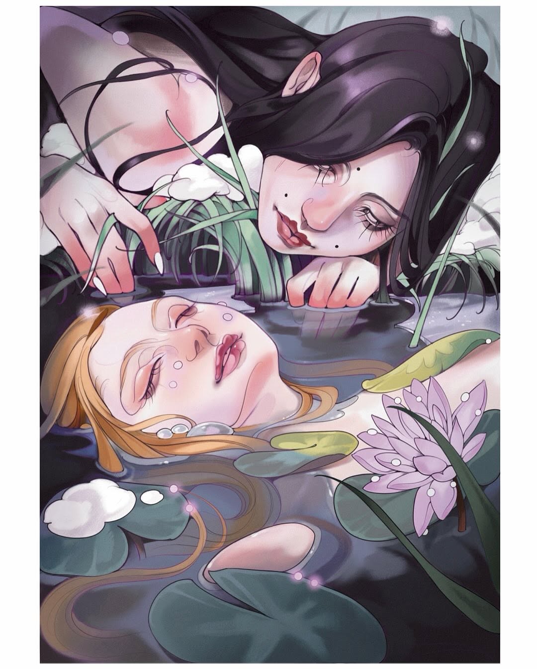Two women resting by water surrounded by lotus flowers and aquatic plants in soft purple, pink, and green tones.