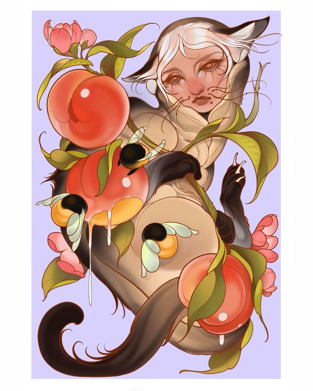 Colorful tattoo design featuring a humanoid creature with horns, tail, and flowing hair surrounded by red fruits, pink flowers, and green vines against a lavender background.