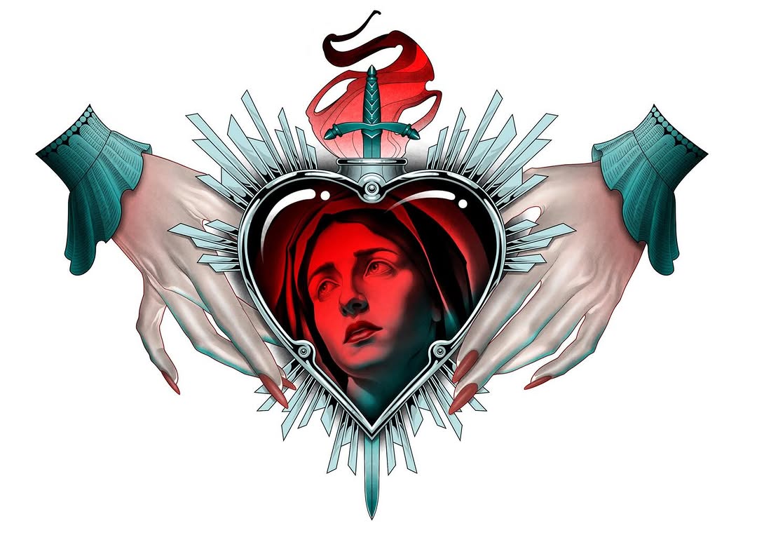 Decorative heart tattoo design featuring a red-lit face within a ornate frame, flanked by hands in teal gloves and topped with a sword and ribbon.