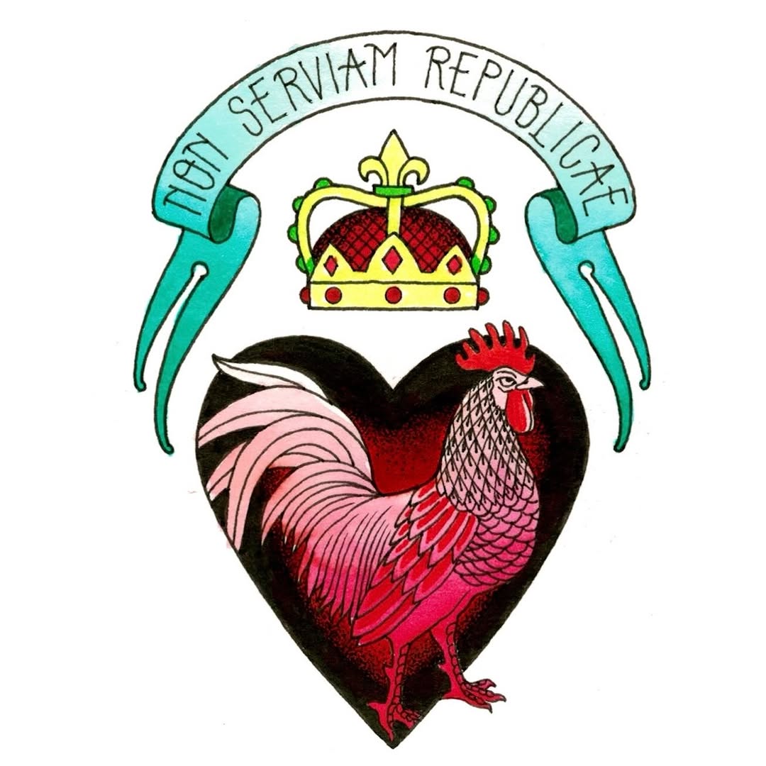 Colorful rooster chest tattoo with crown above, turquoise crayfish on sides, and Latin banner text in heart-shaped design.
