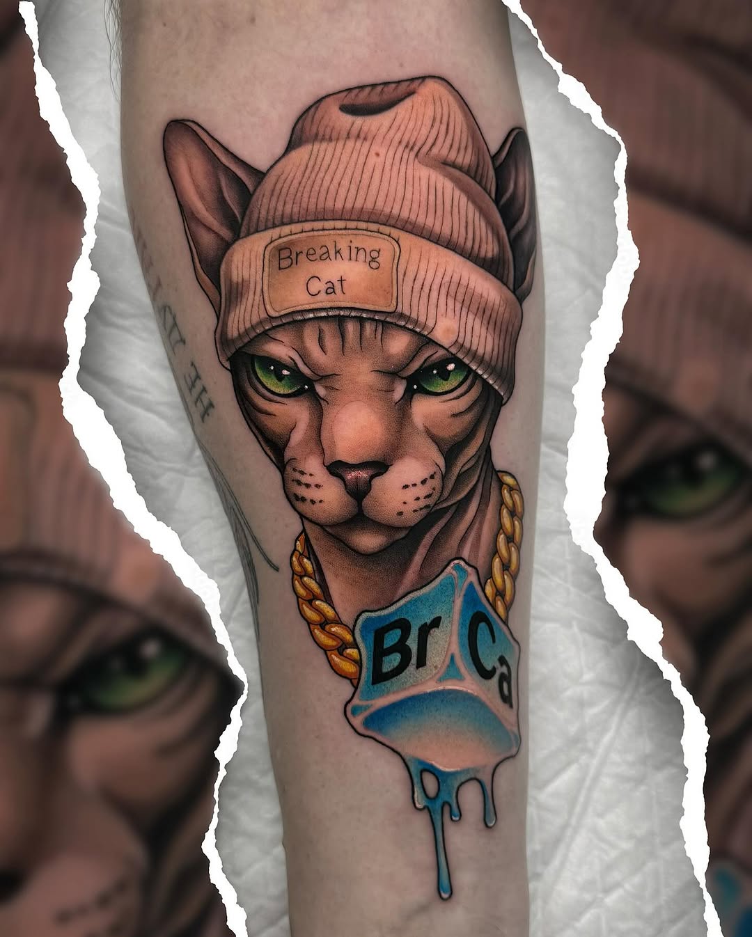 Tattoo on forearm featuring a cat wearing a brown beanie with "Breaking Cat" text, gold chain, and blue dripping design with "Br Ca" lettering.
