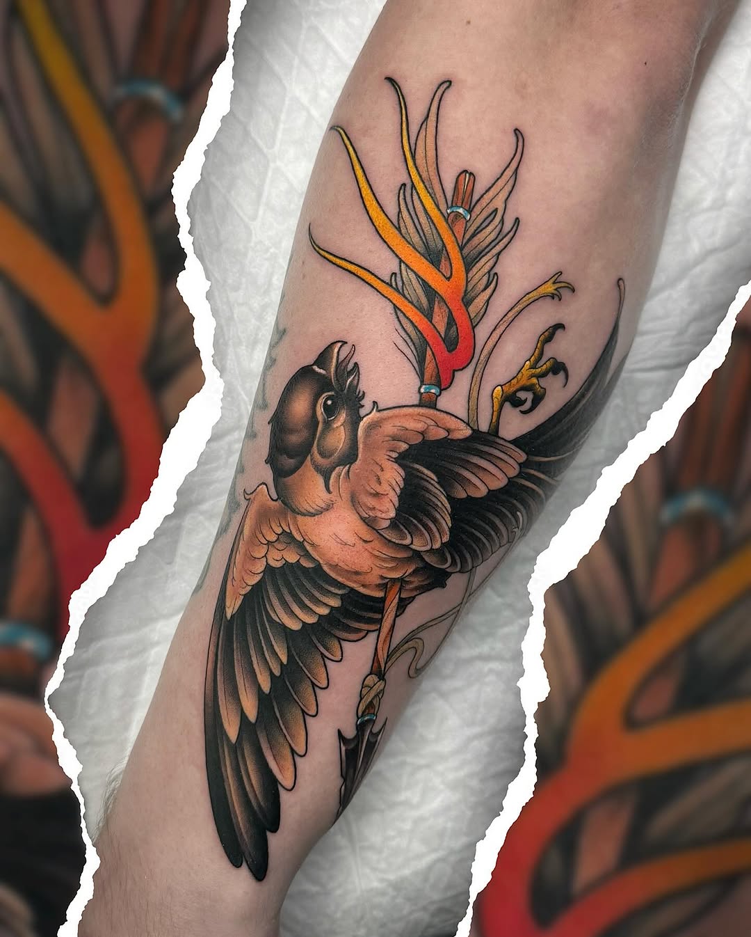 Colorful bird tattoo on inner forearm featuring a winged creature holding a flaming flower stem in orange, red, yellow, and black ink.