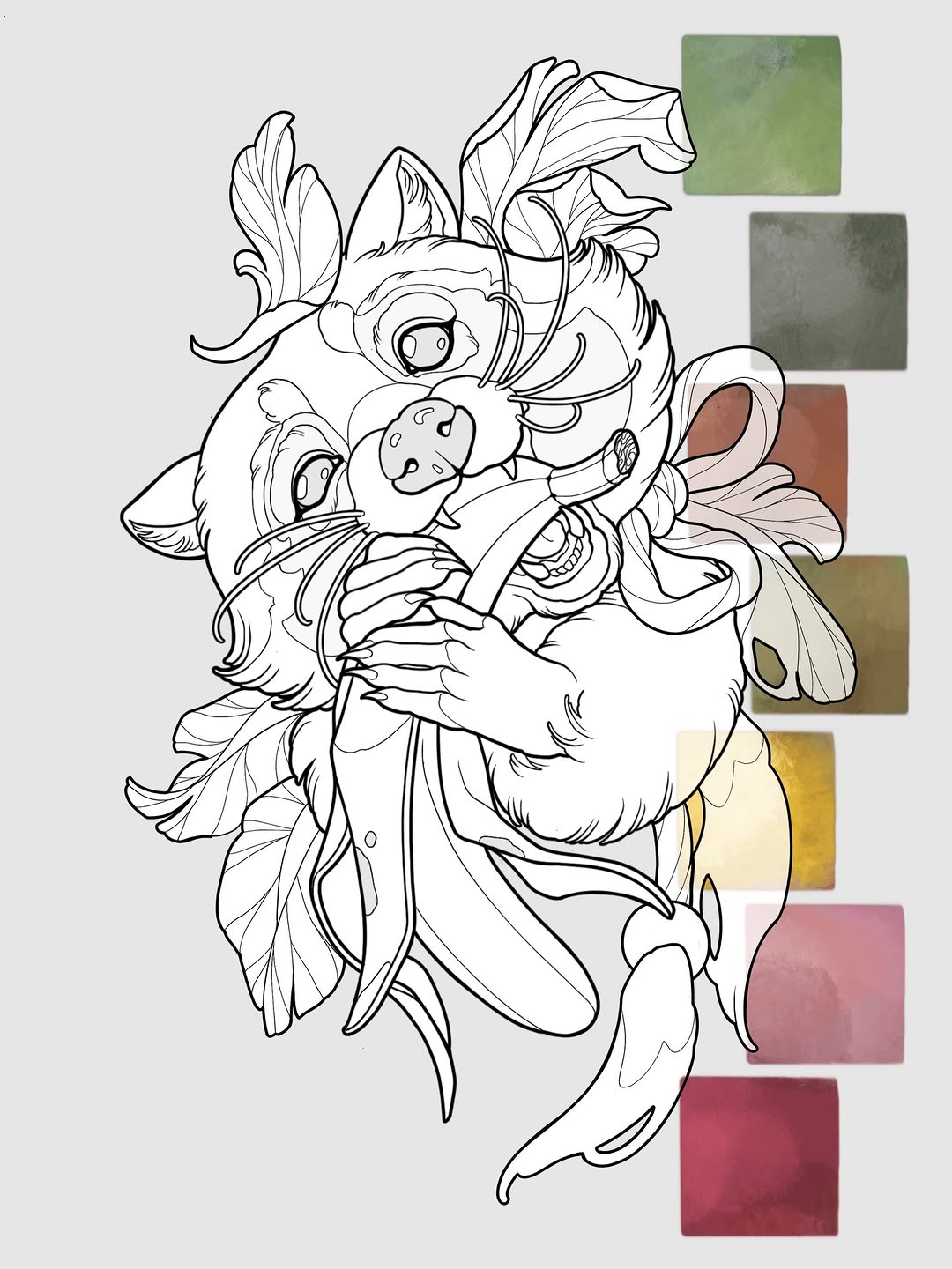 Line drawing of a goat with flowing hair and flowers, accompanied by a color palette ranging from sage green to deep burgundy for reference.