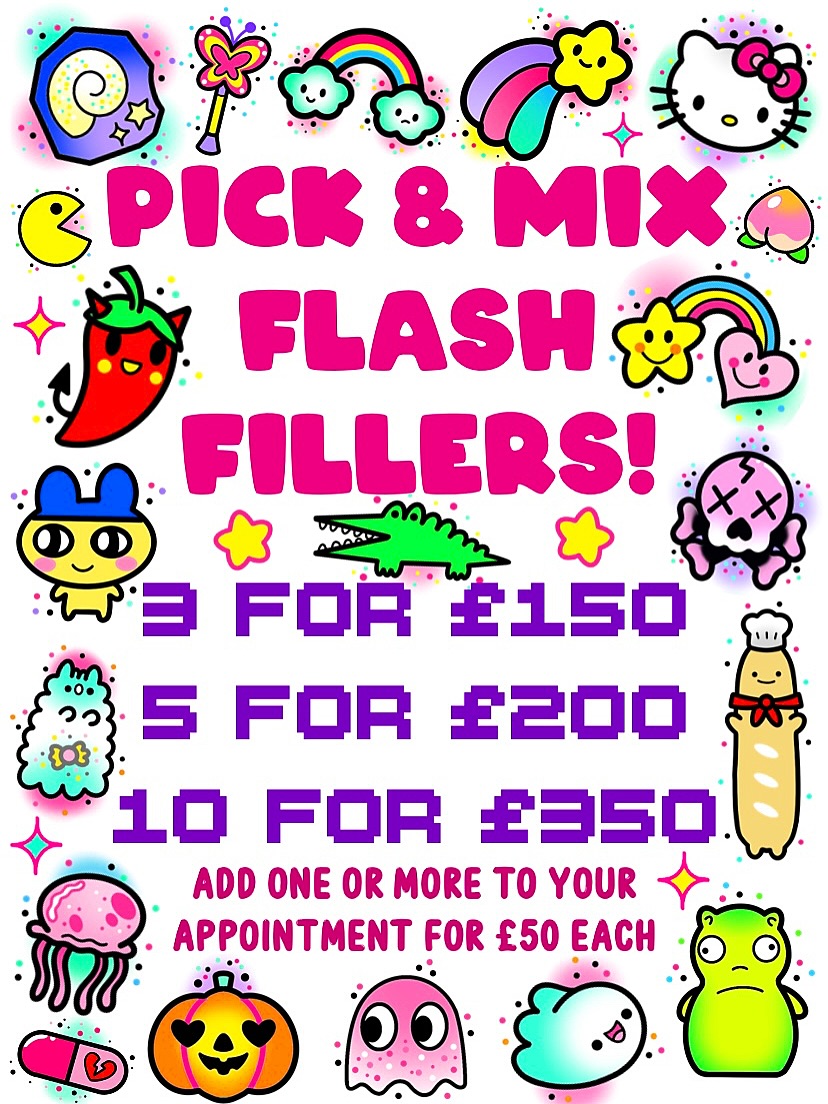 Colorful flash sheet featuring cute cartoon characters including Hello Kitty, hearts, stars, rainbows, and animals with pricing for tattoo appointments.