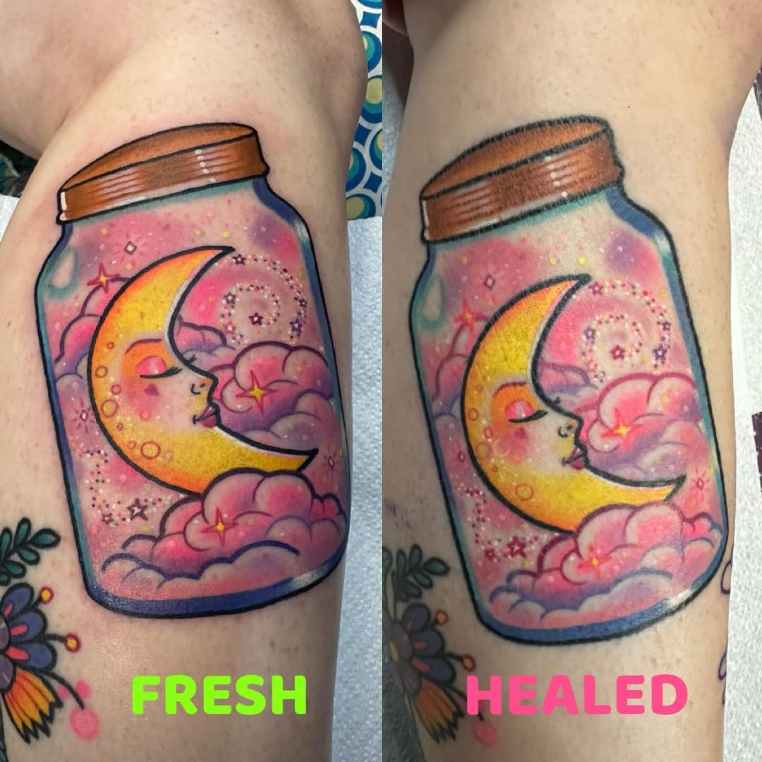 Two views of a jar tattoo containing a crescent moon and clouds in pink, yellow, and orange on an upper arm, showing fresh and healed stages.