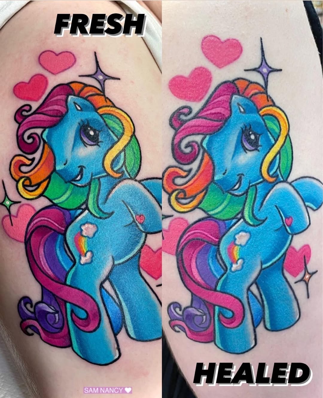 Colorful blue pony tattoo with rainbow mane, pink hearts, and decorative swirls on upper arm, shown fresh and healed side-by-side.