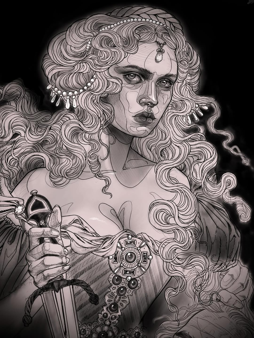 Detailed pen-and-ink portrait of a figure with elaborate curled hair, ornamental jewelry, and mechanical chest piece, rendered in grayscale shading.
