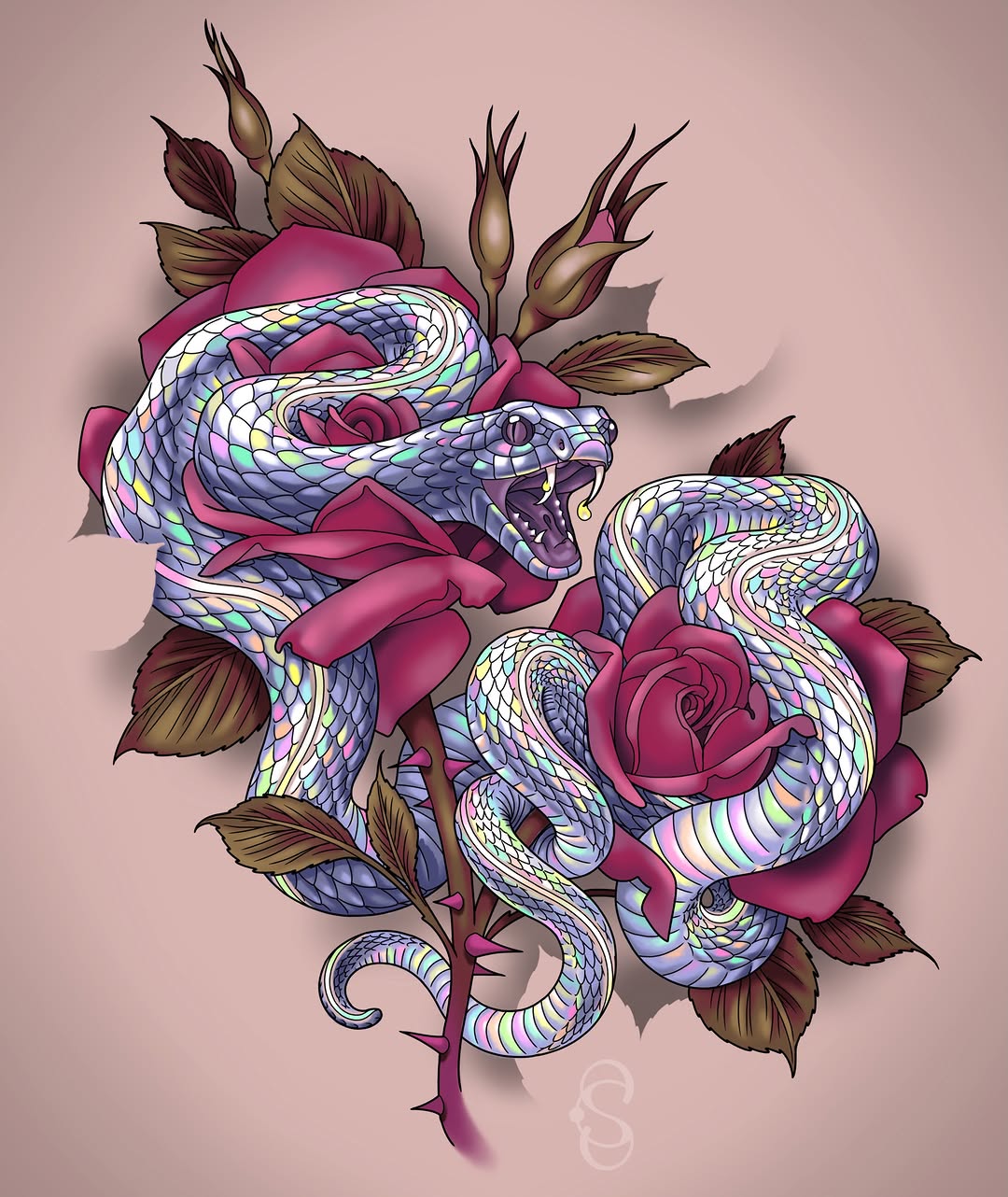 Colorful iridescent snakes intertwined with deep pink roses and brown foliage against a soft pink background, featuring metallic scale detail and shading.
