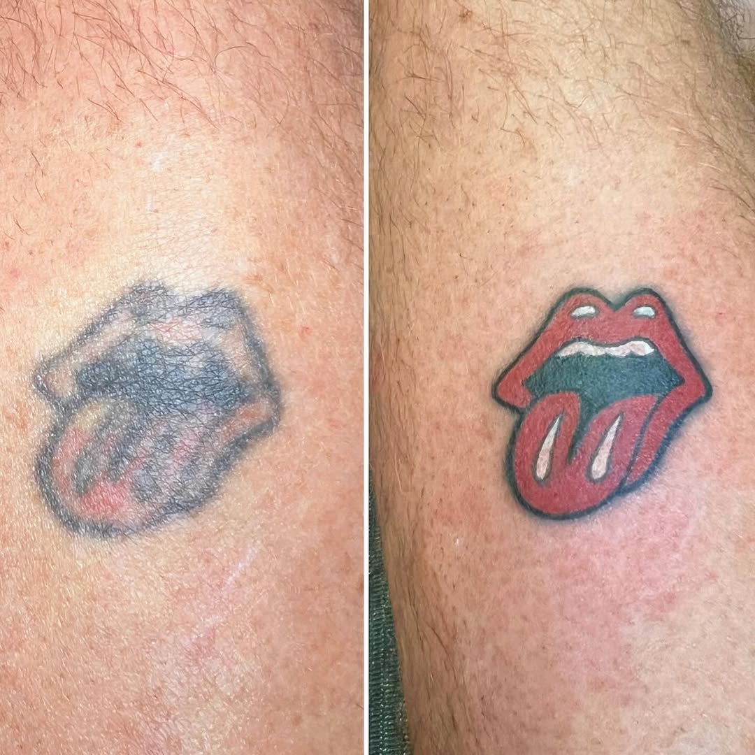 Before and after comparison of a red and black tongue tattoo on the arm, showing improved color saturation and line clarity in the revised version.