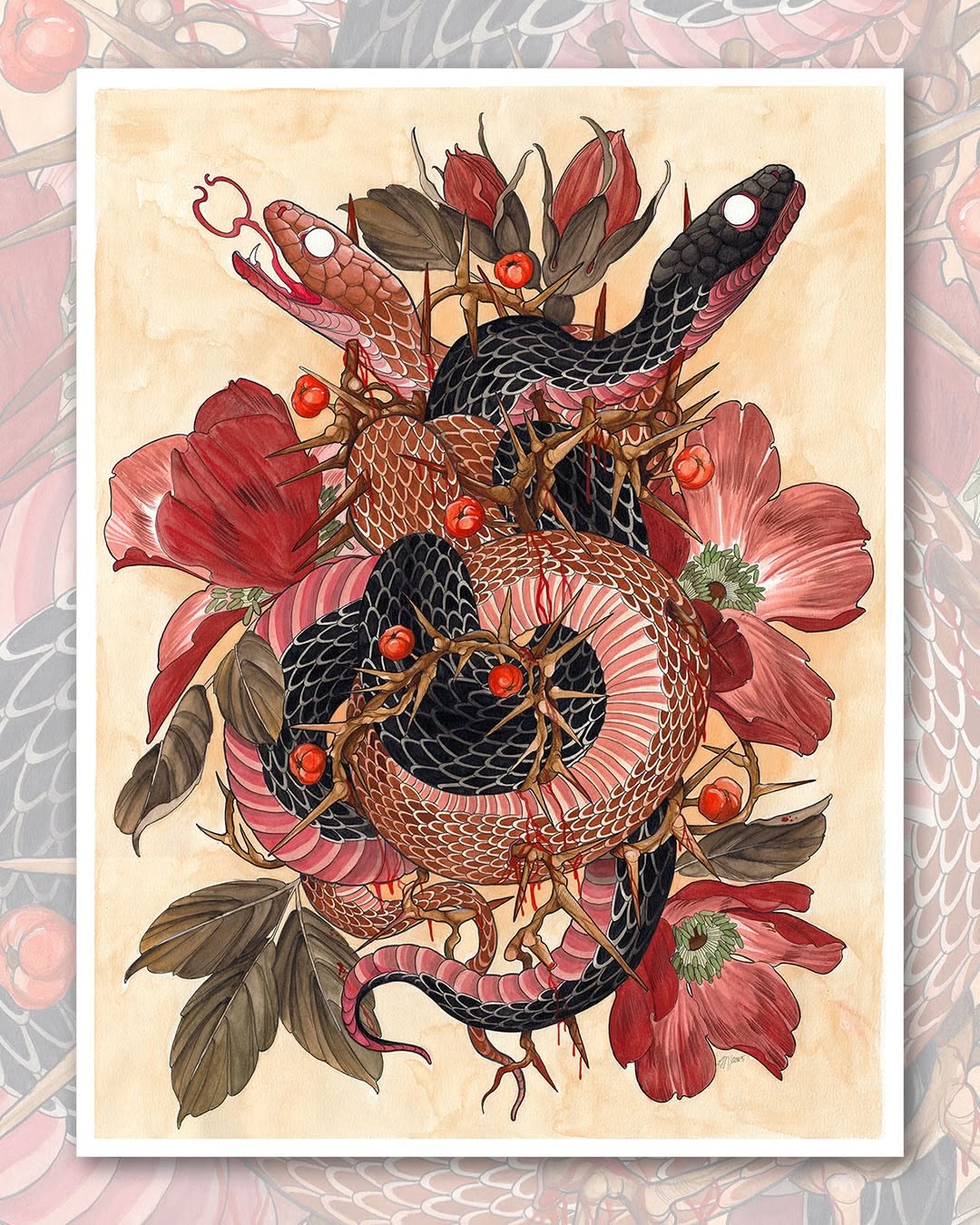 Detailed illustration of three intertwined snakes with scaled patterns in black and brown, surrounded by red flowers and green leaves on cream background.