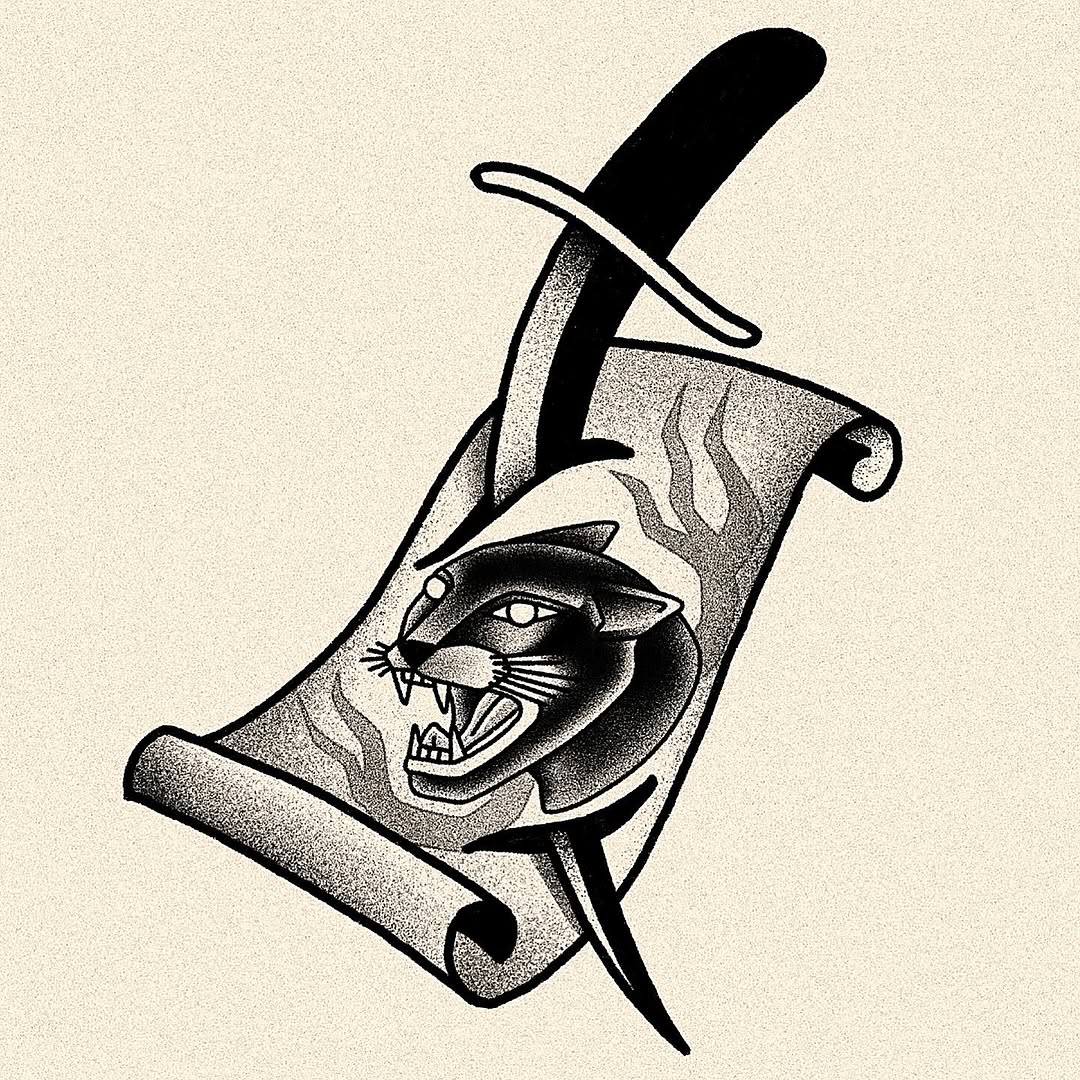 Scroll design featuring a snarling cat's head with bared teeth, rendered in black ink with dotted shading details on a cream background.