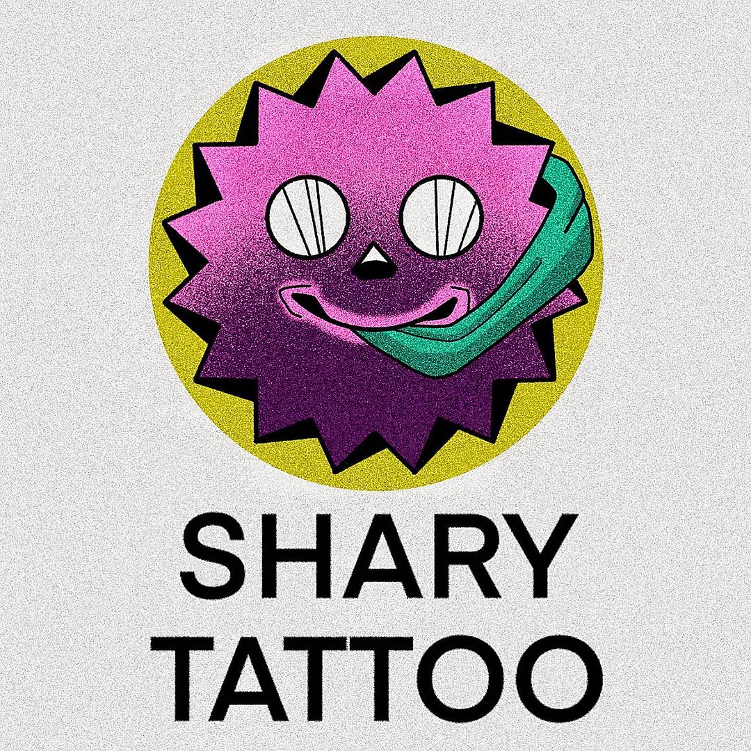 Spiky-haired cartoon character with large round eyes and a turquoise scarf, rendered in magenta and purple with a yellow circular background.