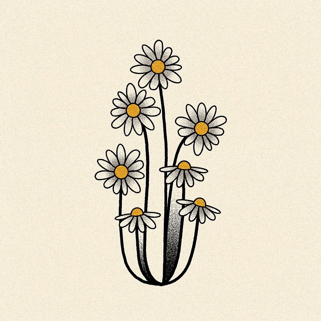 Daisy flowers with yellow centers and black outlines on curved stems against a cream background.