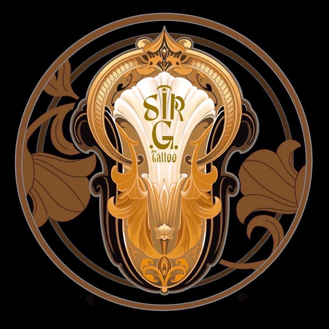 Ornate scarab beetle design featuring gold, cream, and brown layered details with decorative flourishes and "SIR G. tattoo" text on the chest.