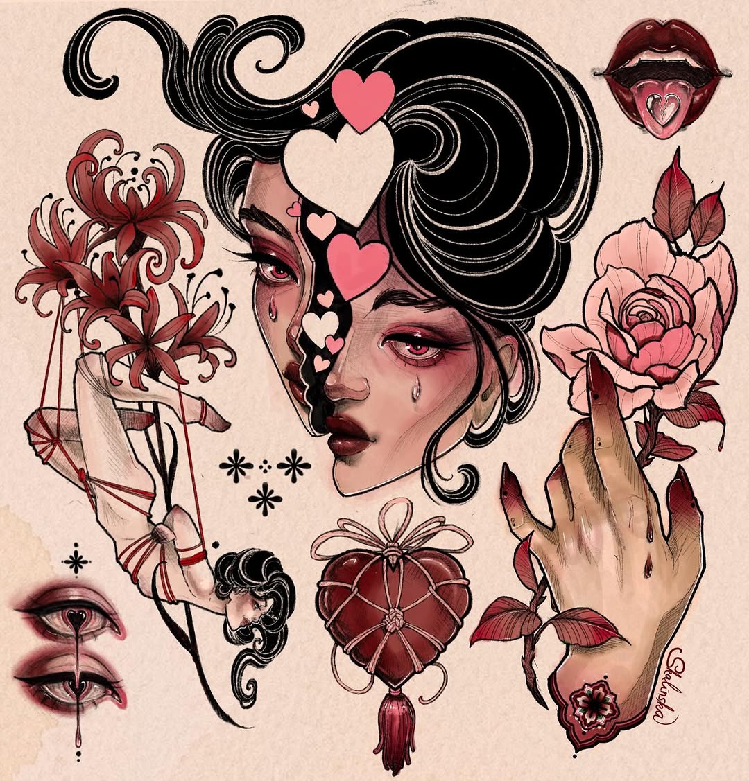 Tattoo design sheet featuring a woman's face with flowing black hair, pink and red hearts, detailed flowers, lips, eyes, and a hand with a small flower, rendered in red, pink, and black ink.