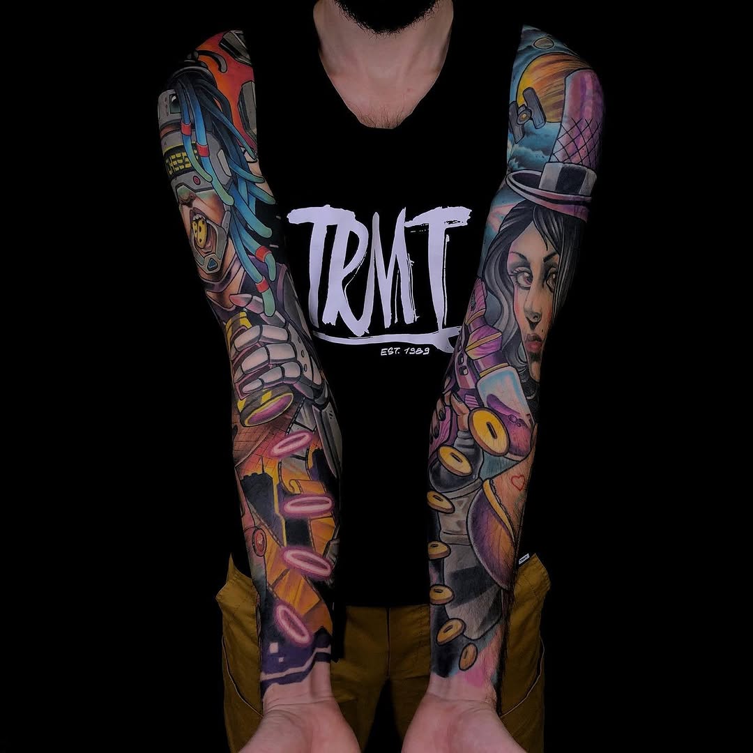 Full-sleeve arm tattoos featuring colorful portraits, mechanical gears, celestial elements, and abstract designs in purple, gold, and teal tones.