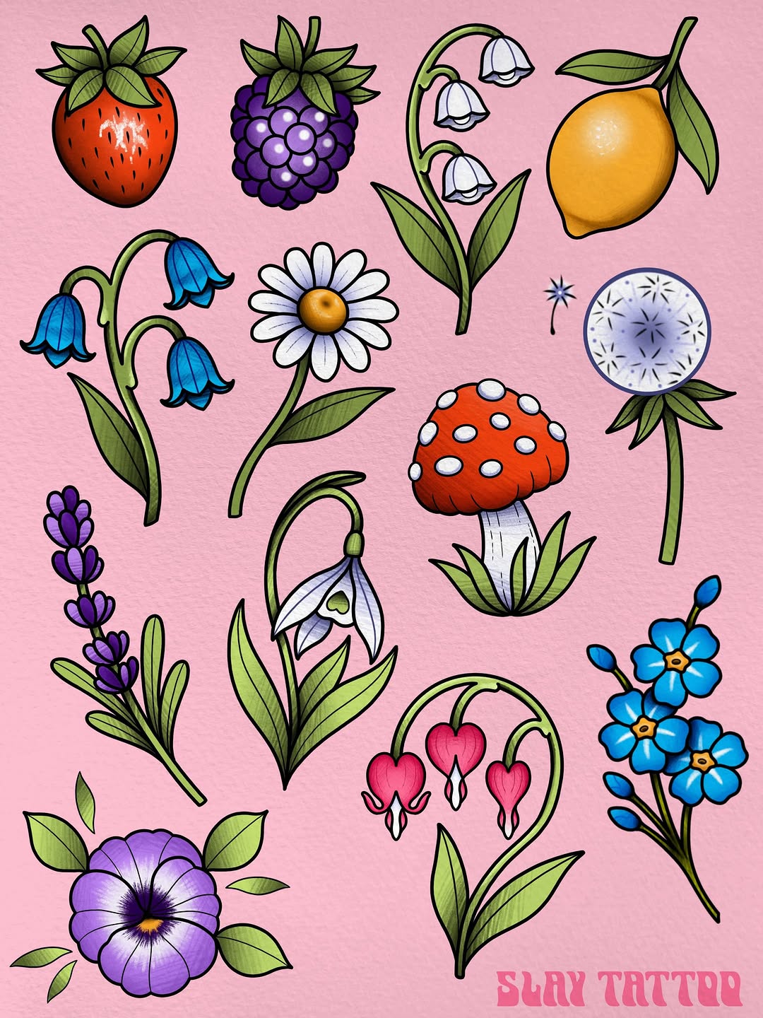 Colorful flash sheet featuring strawberries, berries, flowers, mushroom, lemon, lavender, lily of the valley, bleeding heart, and forget-me-nots on pink background.