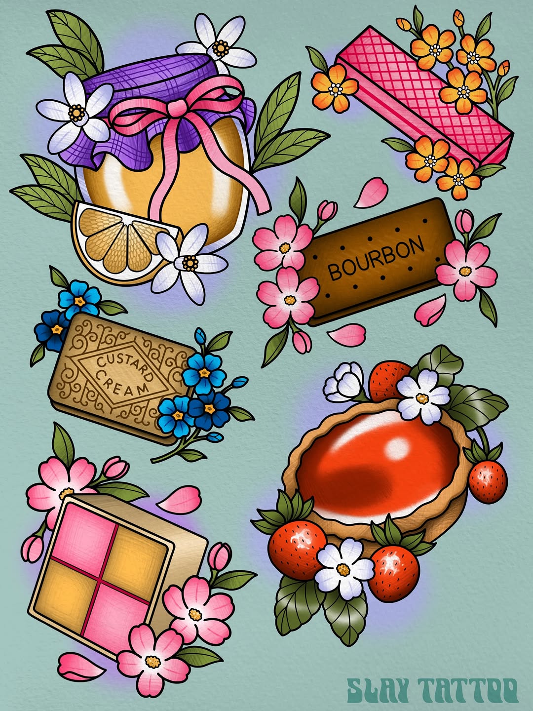 Colorful tattoo design sheet featuring desserts and flowers including a jam jar, bourbon biscuit, strawberry tart, and chocolate box with pink, orange, and blue blooms.