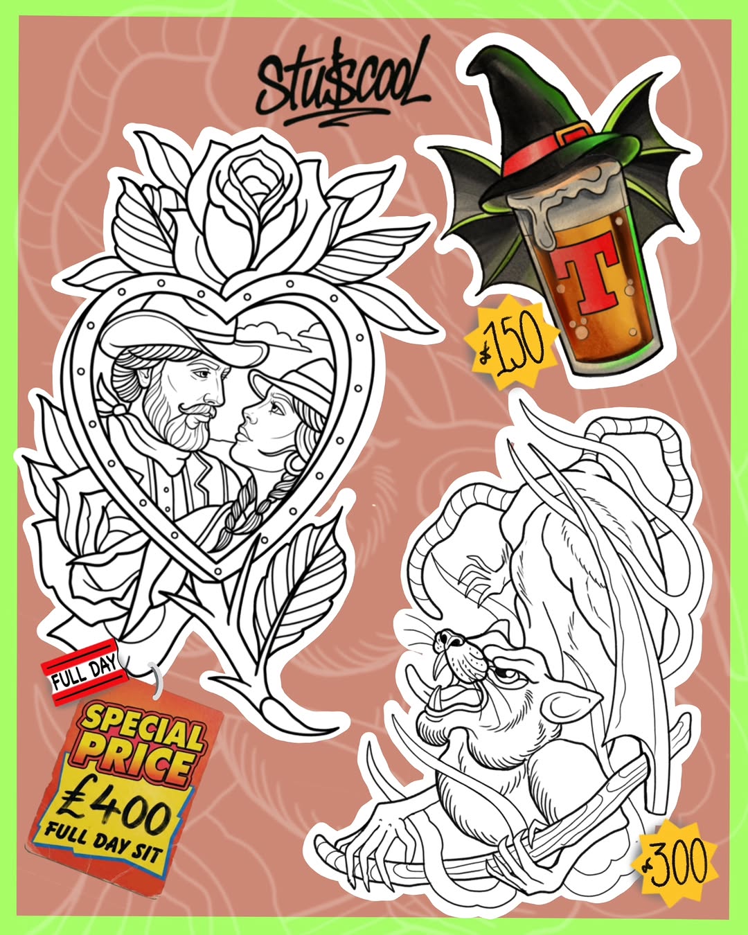 Tattoo portfolio page displaying three sticker designs: a heart with two portraits and rose, a witch's cauldron, and a goblin, with pricing labels on a coral background.