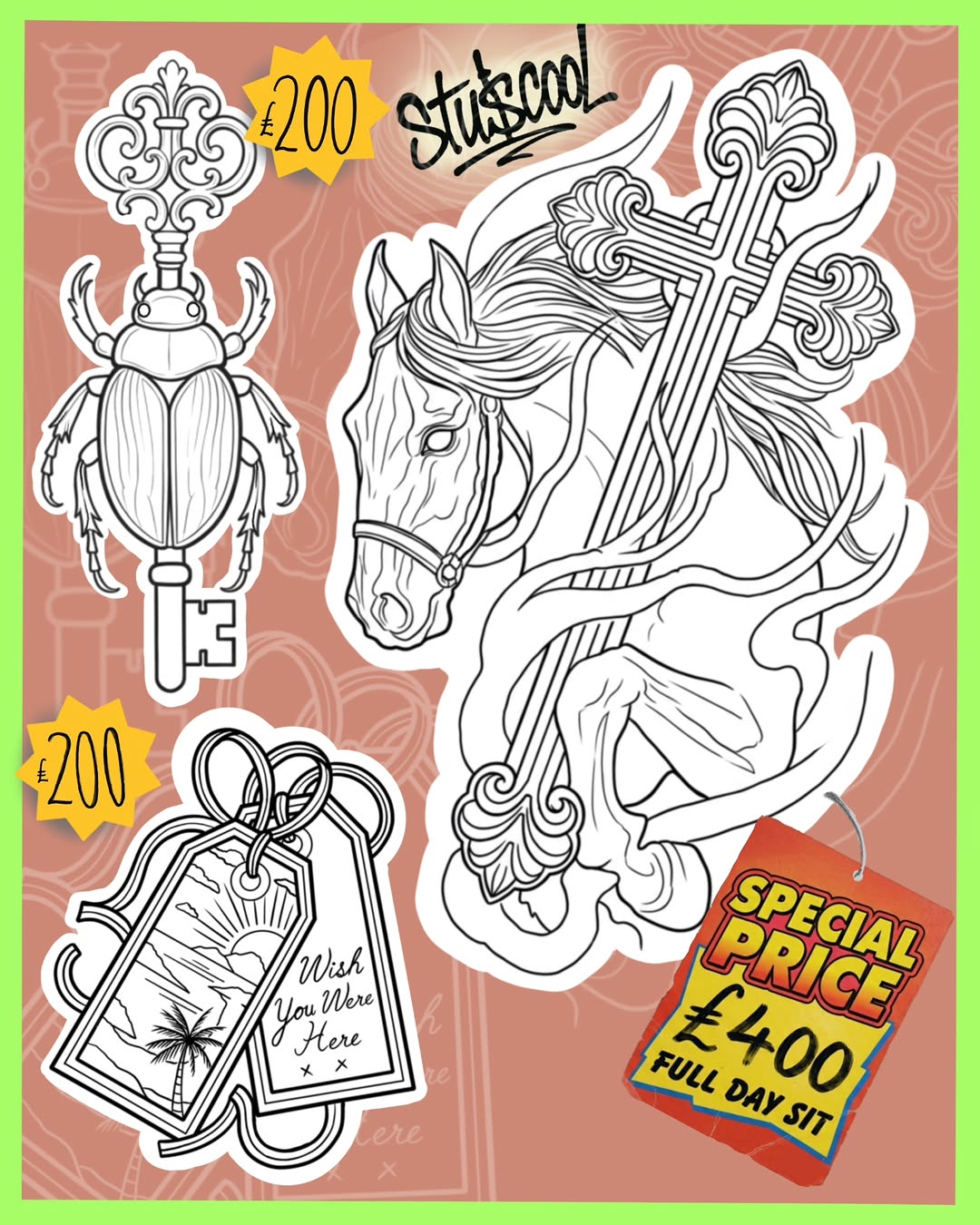 Four ornate line-work sticker designs featuring a scarab beetle with decorative key, winged horse with cross, magic lamp, and decorative ornaments on tan background.