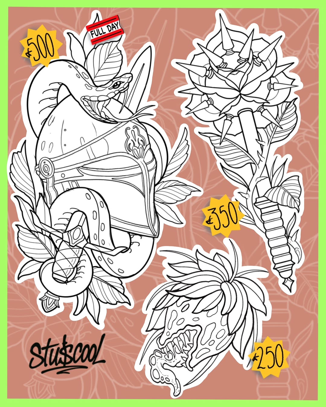 Line art tattoo designs featuring anatomical organs and carnivorous plants with price tags, displayed on a coral background with green border.
