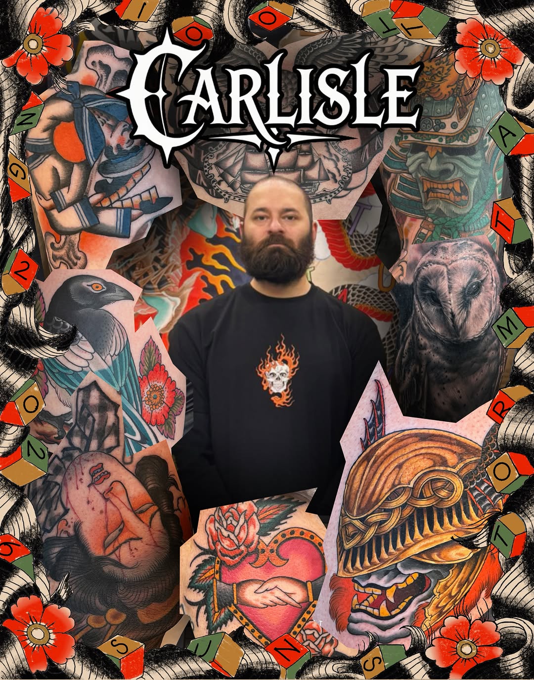 Tattoo artist posing before a backdrop featuring colorful floral designs, birds, and ornamental patterns in red, orange, green, and black.