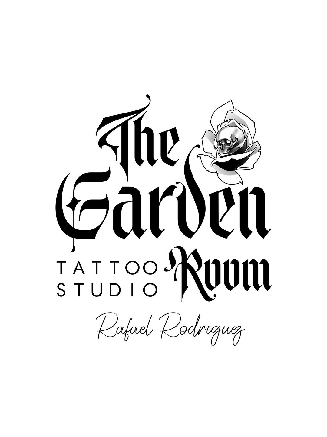 Logo for The Garden Tattoo Room Studio by Rafael Rodriguez, featuring stylized gothic lettering with a detailed rose illustration in black ink.