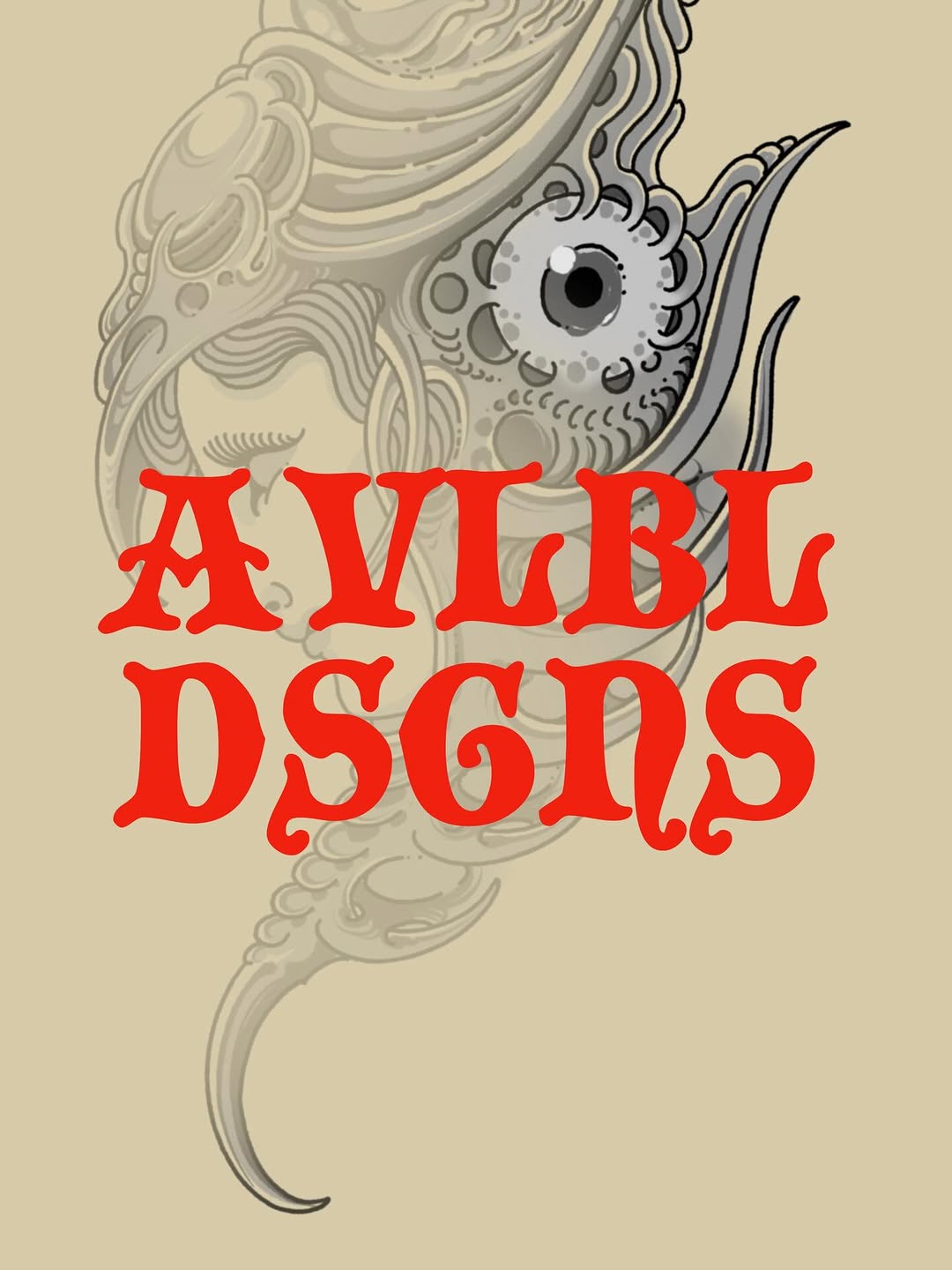 Detailed fish head with ornate flowing fins in grayscale ink, featured on cream background with red "ART DSIGNS" text overlay.