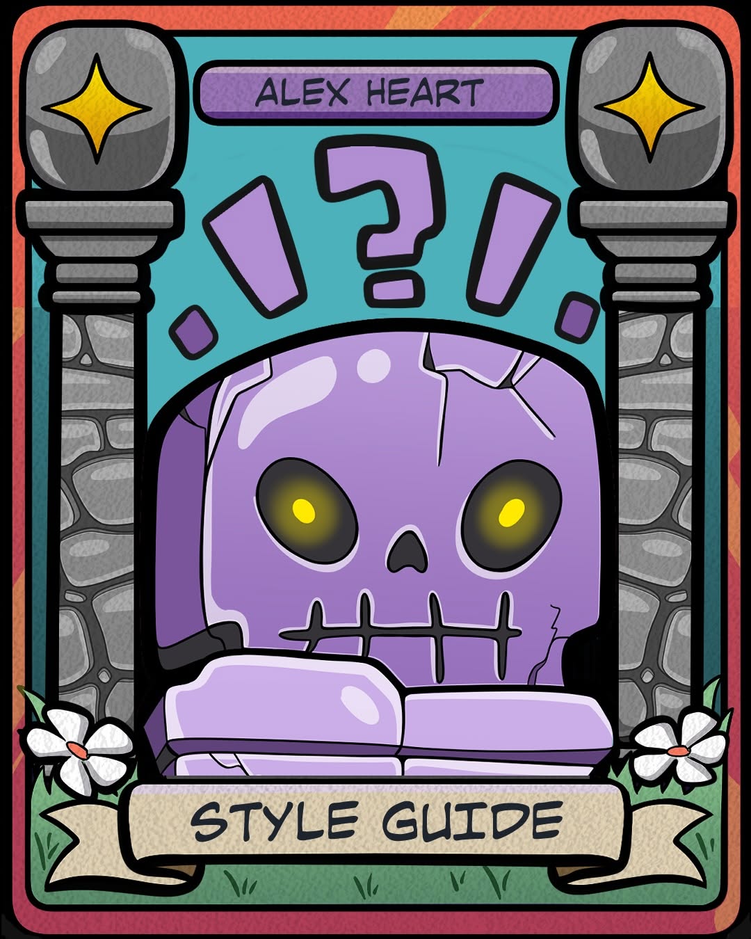 Purple skull with glowing yellow eyes and stitched mouth surrounded by stone pillars, stars, flowers, and question marks on turquoise background.