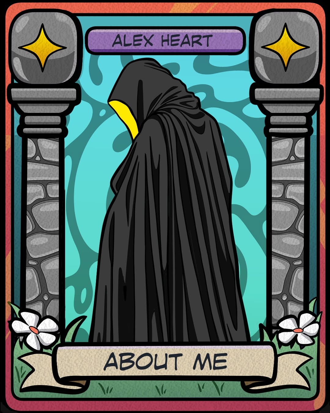 Tarot card design featuring a robed figure with long black hair and yellow accents, flanked by ornate pillars and white flowers against a turquoise background.
