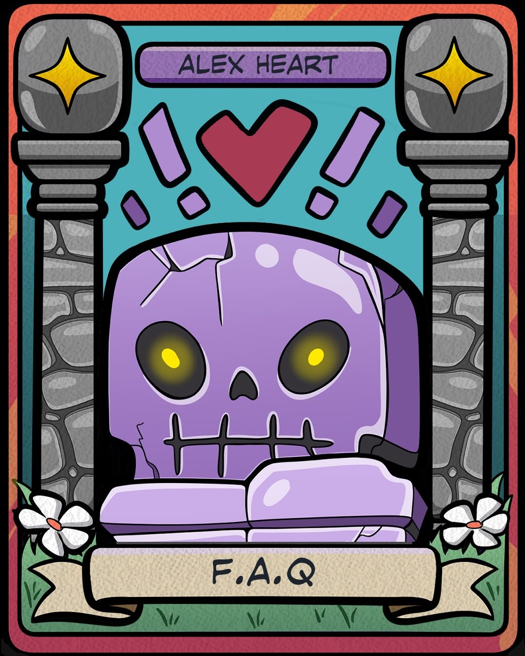 Purple skull with glowing yellow eyes, stitched mouth, red heart, stone pillars, white flowers, and stars in a colorful card-style design.