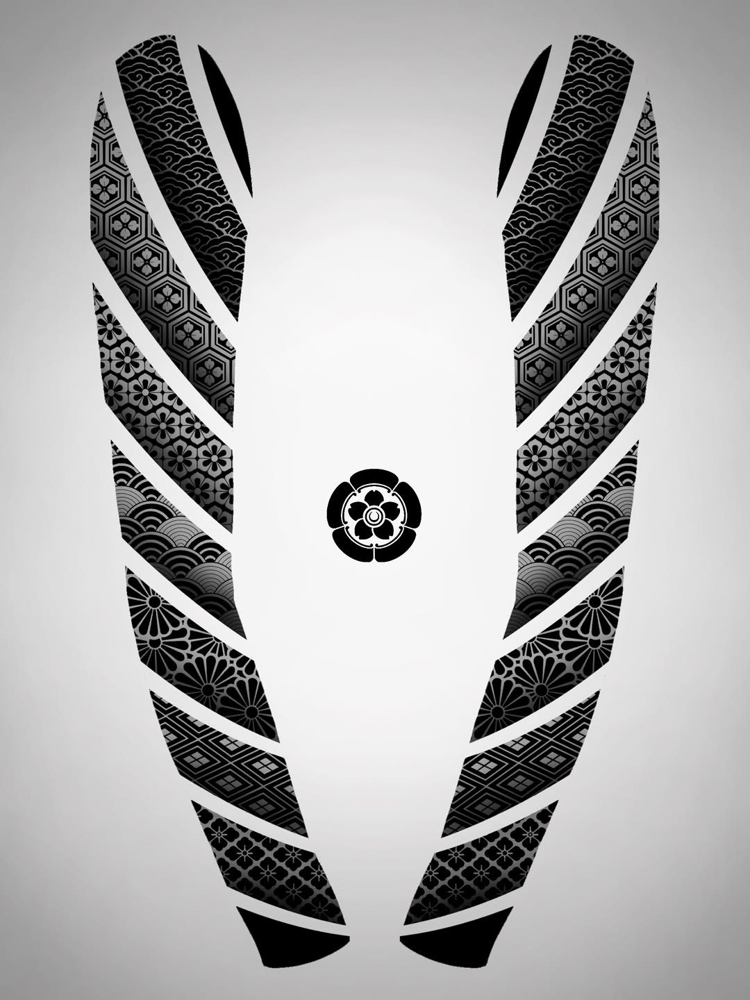 Symmetrical chest tattoo featuring a central floral medallion surrounded by mirrored panels of geometric and patterned designs in black ink.