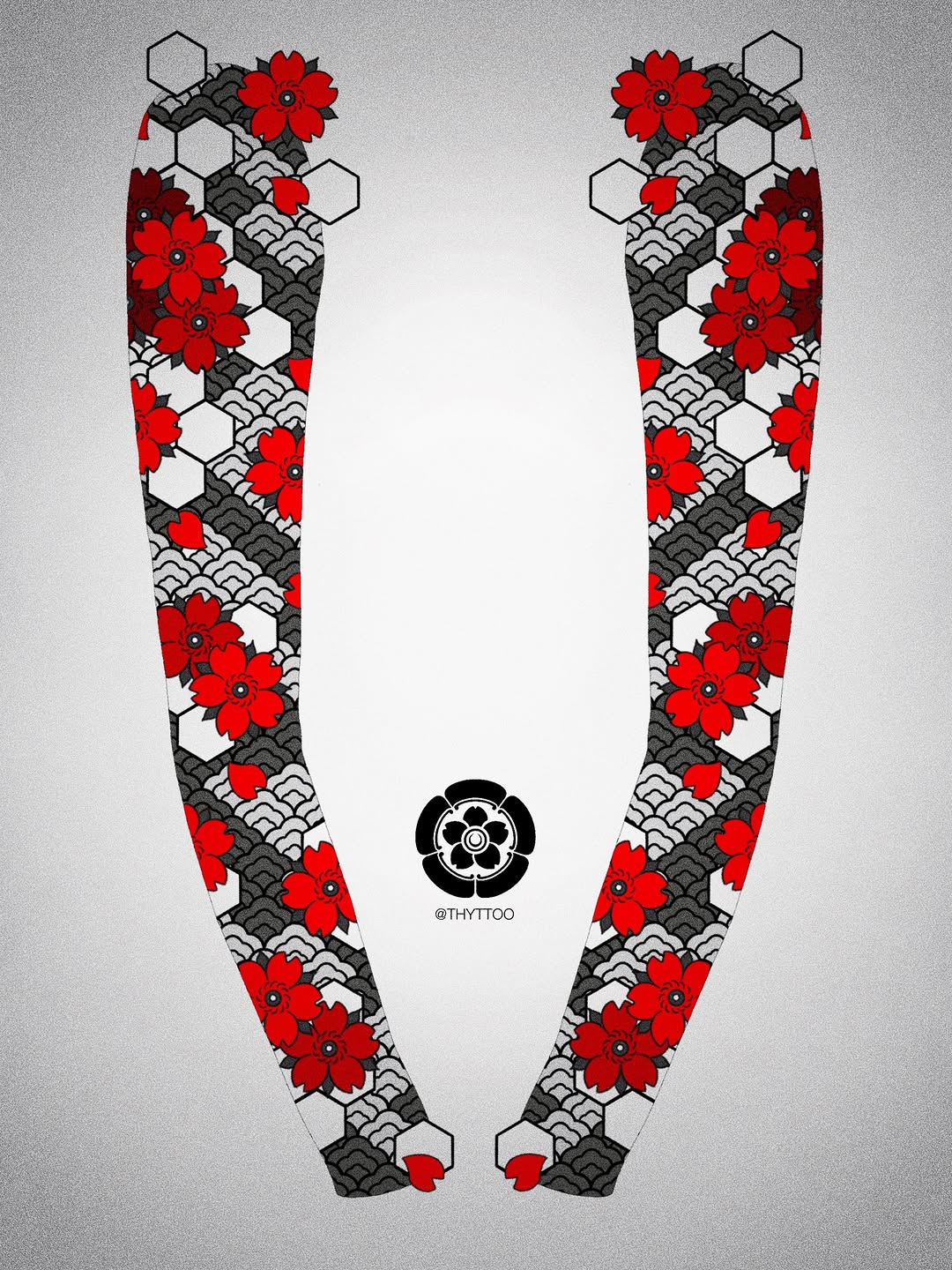 Full-leg sleeve tattoo design featuring symmetrical red flowers, hexagons, and layered scale patterns in red, black, and white.