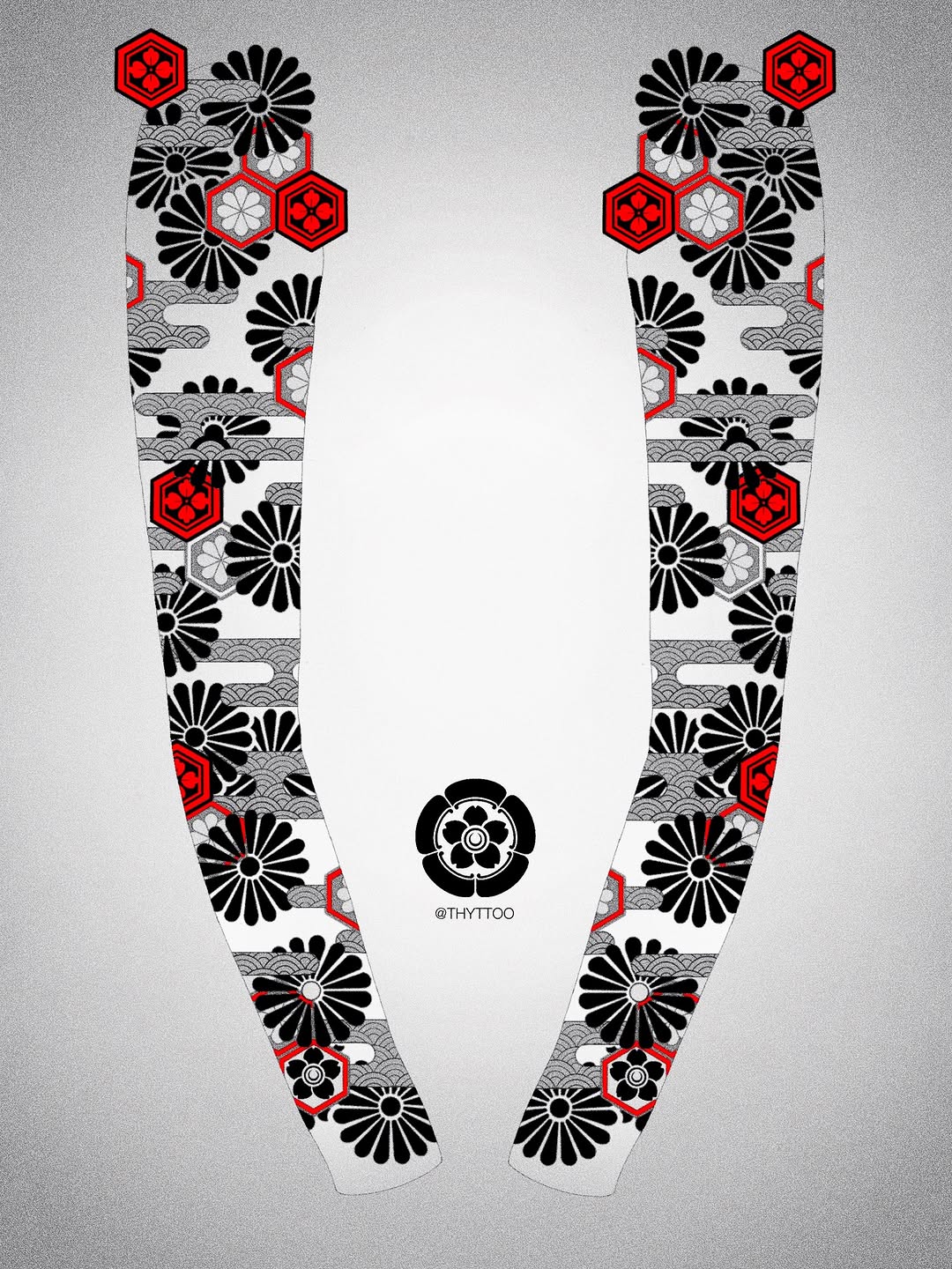 Full-leg sleeve tattoo design featuring symmetrical black fan flowers, red hexagons, and grey wave patterns on white background.
