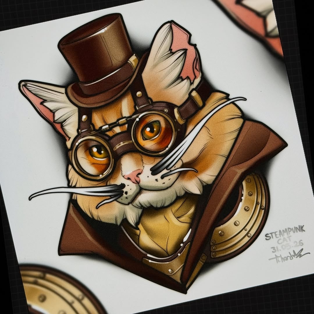 Steampunk cat wearing goggles and a brown top hat with brass gears and leather details in brown, gold, and cream colors.