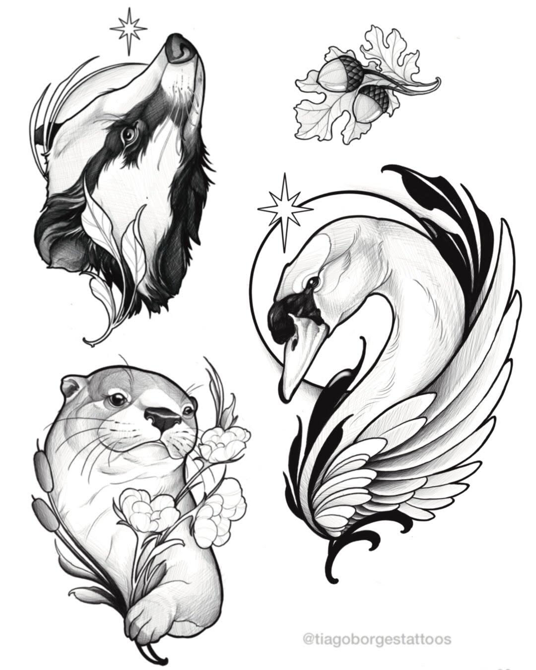 Sketch sheet featuring four animal designs: howling wolf, acorns with leaves, otter holding flowers, and swan with wings, rendered in black ink.
