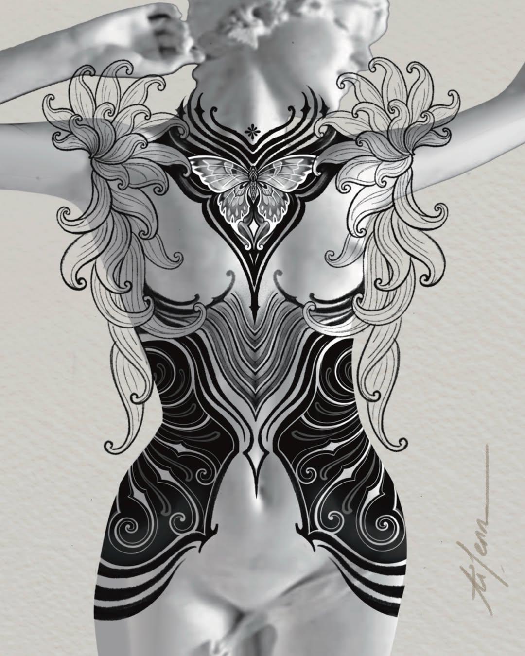 Intricate back tattoo design featuring symmetrical ornamental scrollwork, a central butterfly motif, and layered geometric patterns in black ink on pale skin.