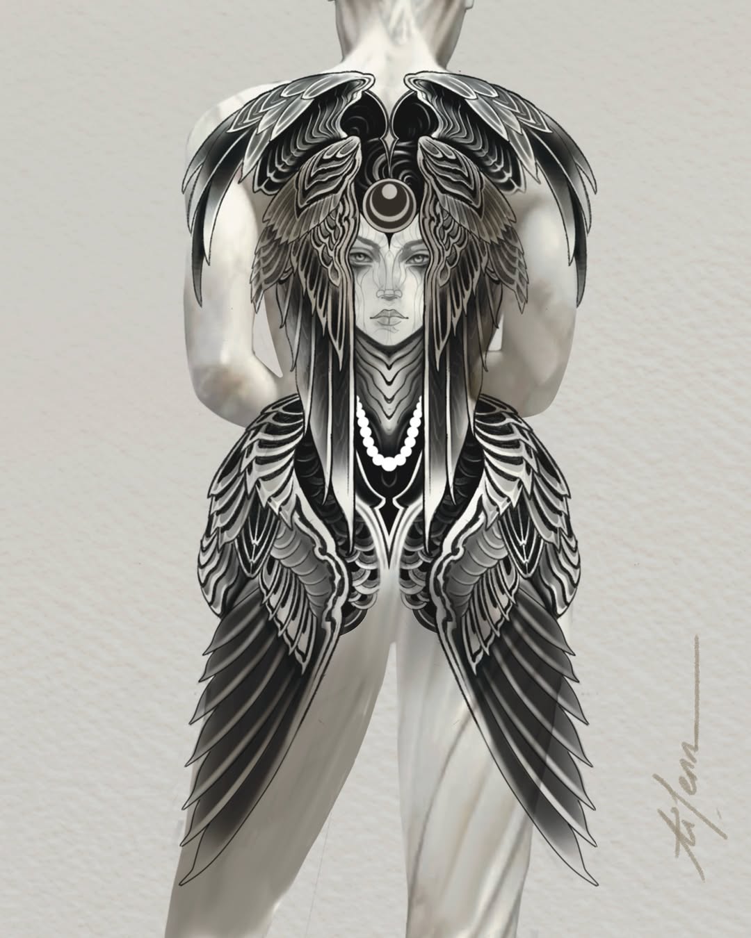 Detailed back tattoo featuring a winged female figure with ornamental patterns, crescent moon symbol, and flowing hair in black ink on pale skin.