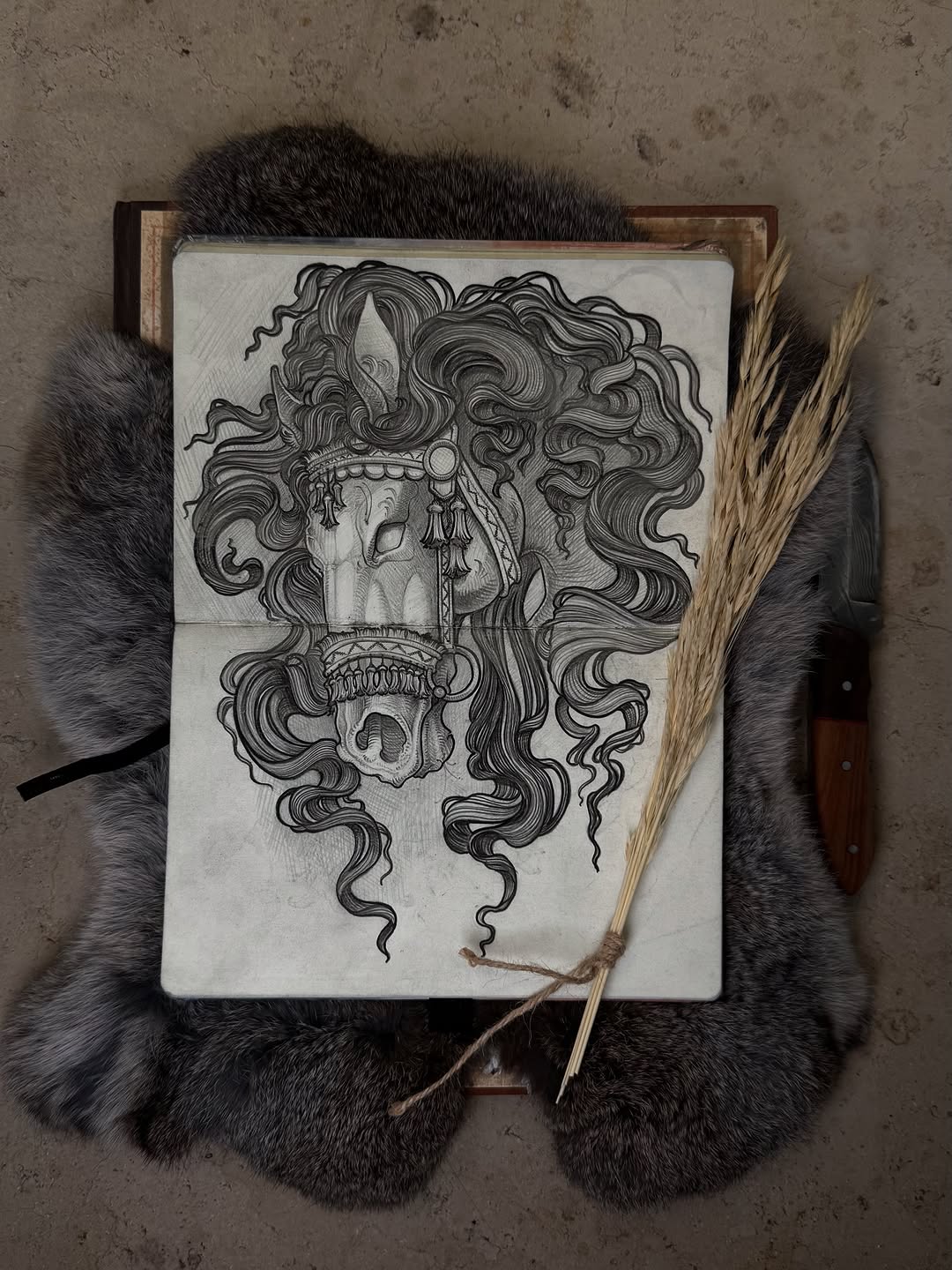 Detailed ink drawing of stacked skulls with flowing serpentine hair, displayed on paper held by fur-lined hands against a concrete background.