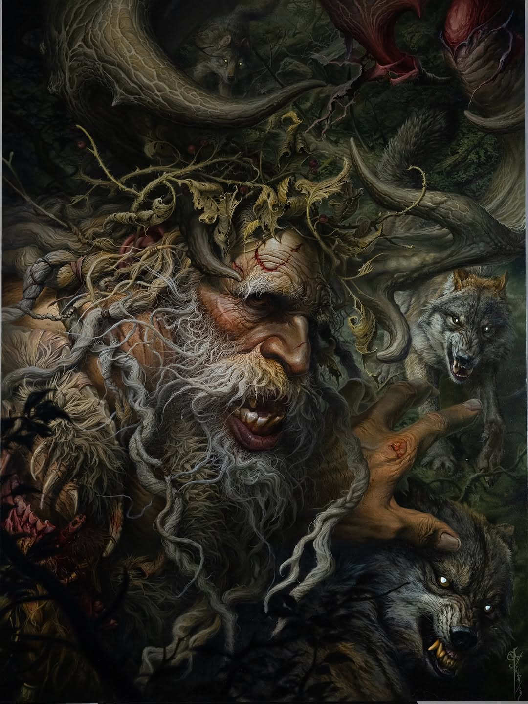 Detailed portrait tattoo featuring a bearded man with flowing hair, mystical vines, wolves, and ethereal figures in earth tones and muted colors.