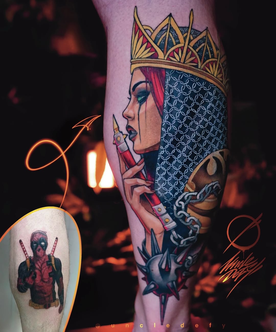 Two tattoos featuring a crowned queen in profile with red hair and patterned armor on the leg, and a masked figure with crossed weapons on the arm.