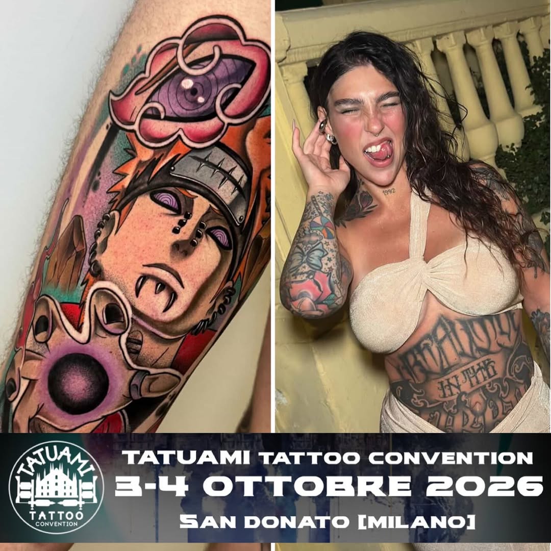 Colorful arm tattoo featuring a stylized face with decorative elements in pink, orange, and purple tones, displayed on a person's upper arm.