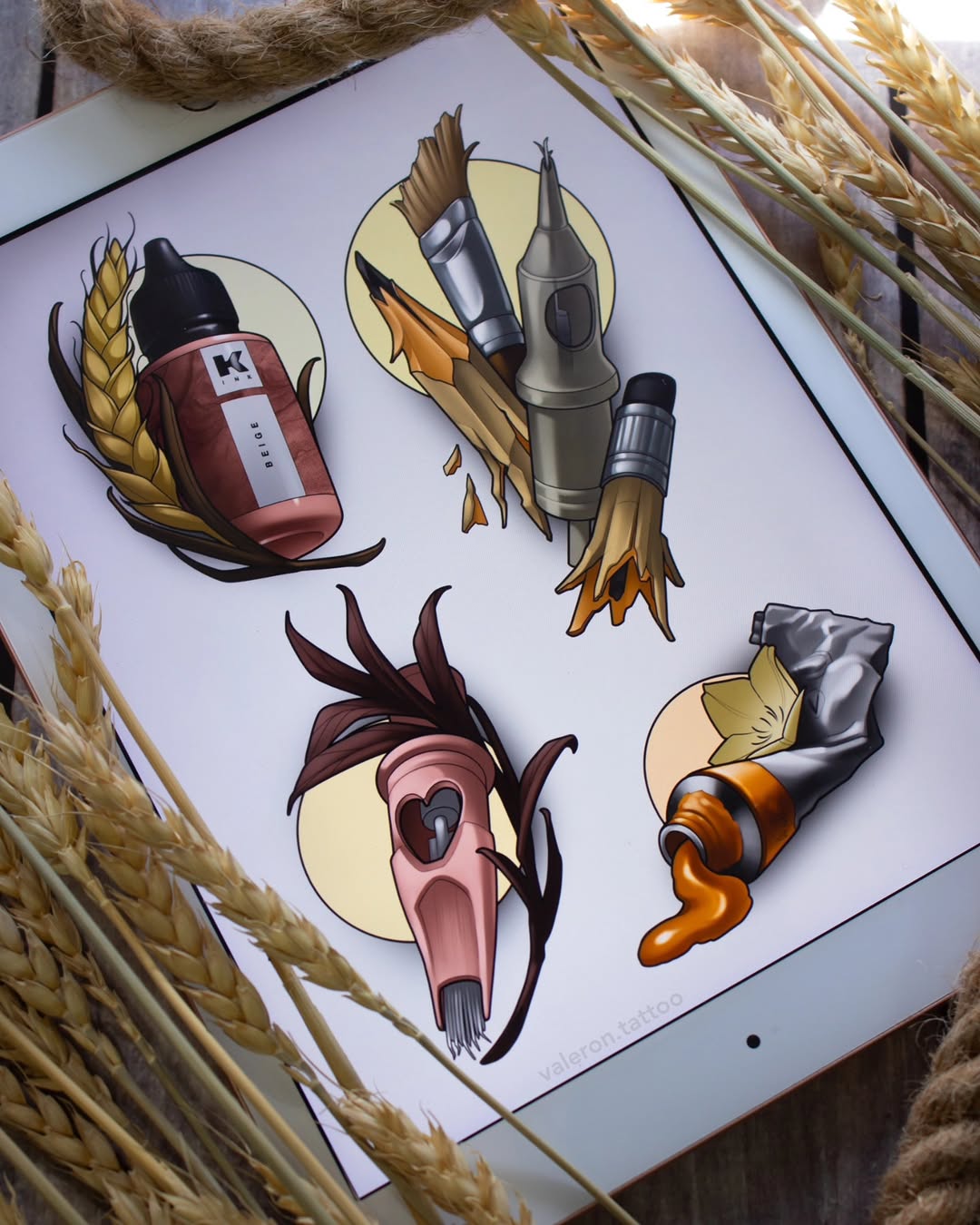 Tattoo design sheet displaying four colored sketches of objects with wheat stalks: a red and white container, a rocket, a pink shell-shaped item, and an orange flame with black accents.
