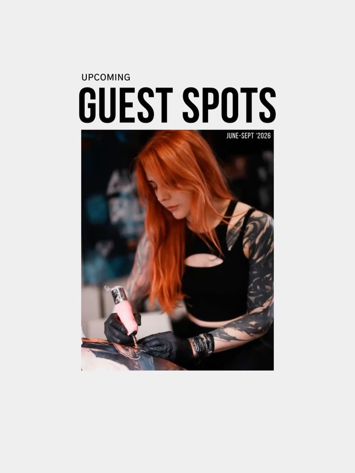 Tattoo artist with bright orange hair and black sleeveless top displaying arm tattoos while working on client during June-September 2026 guest spots.