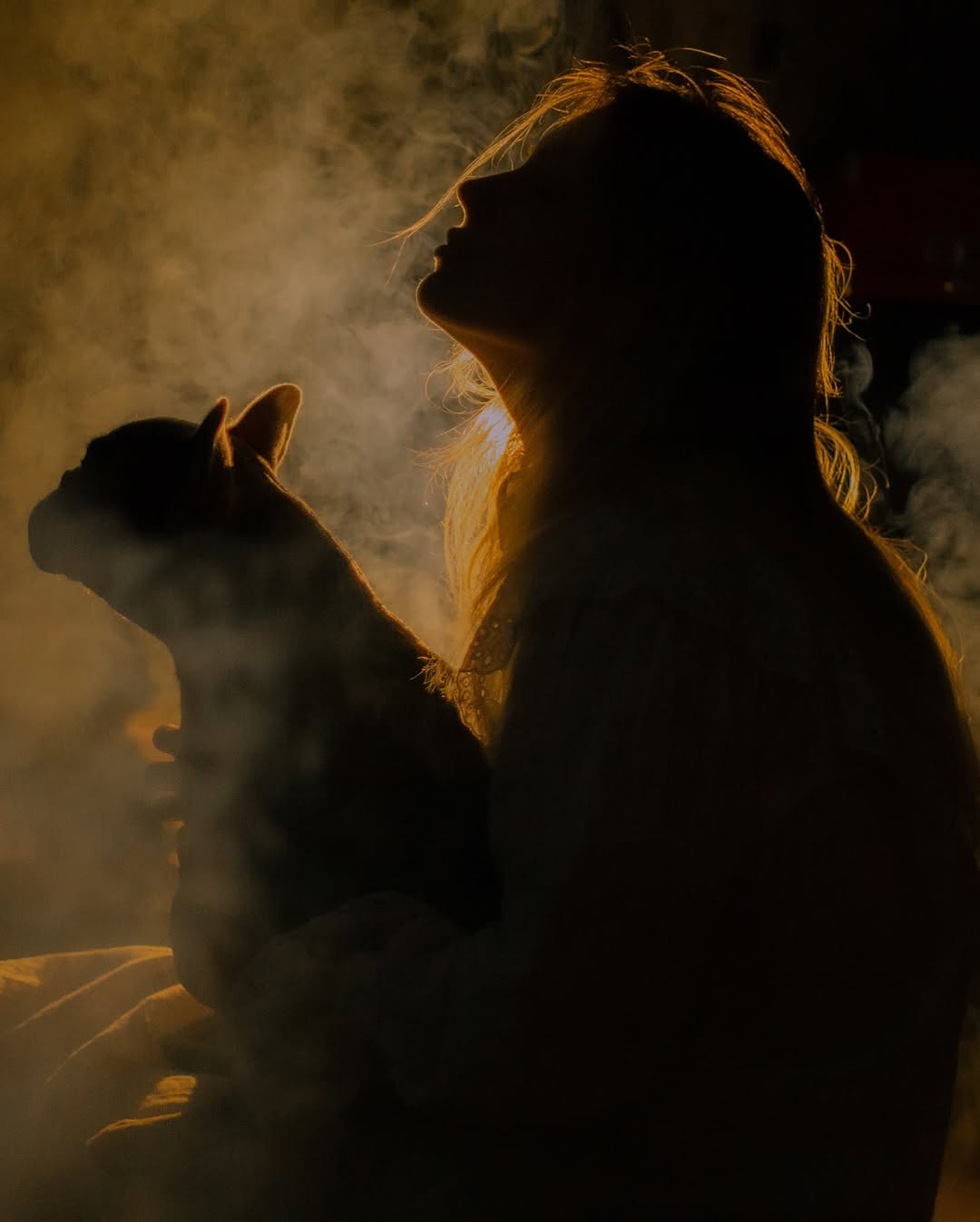 Silhouetted figure with long hair illuminated by warm golden backlighting against a textured neutral background.